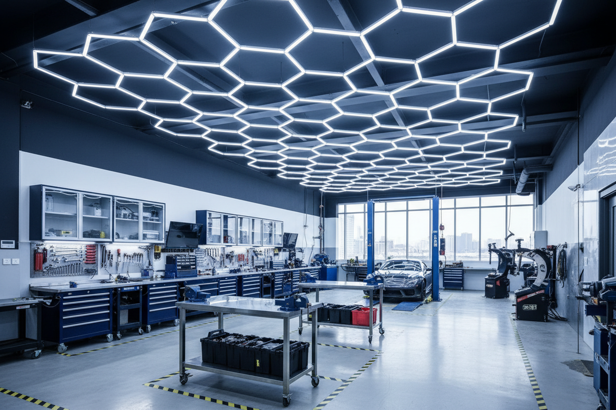 Modern workshop with Hexagon LED ceiling lights